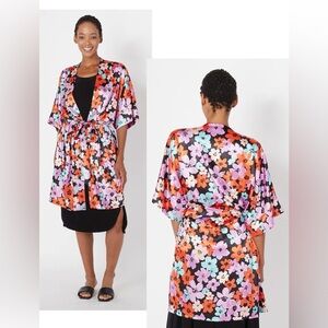 Floral Satin Kimono Robe - Black with Orange, Pink & Aqua Flowers